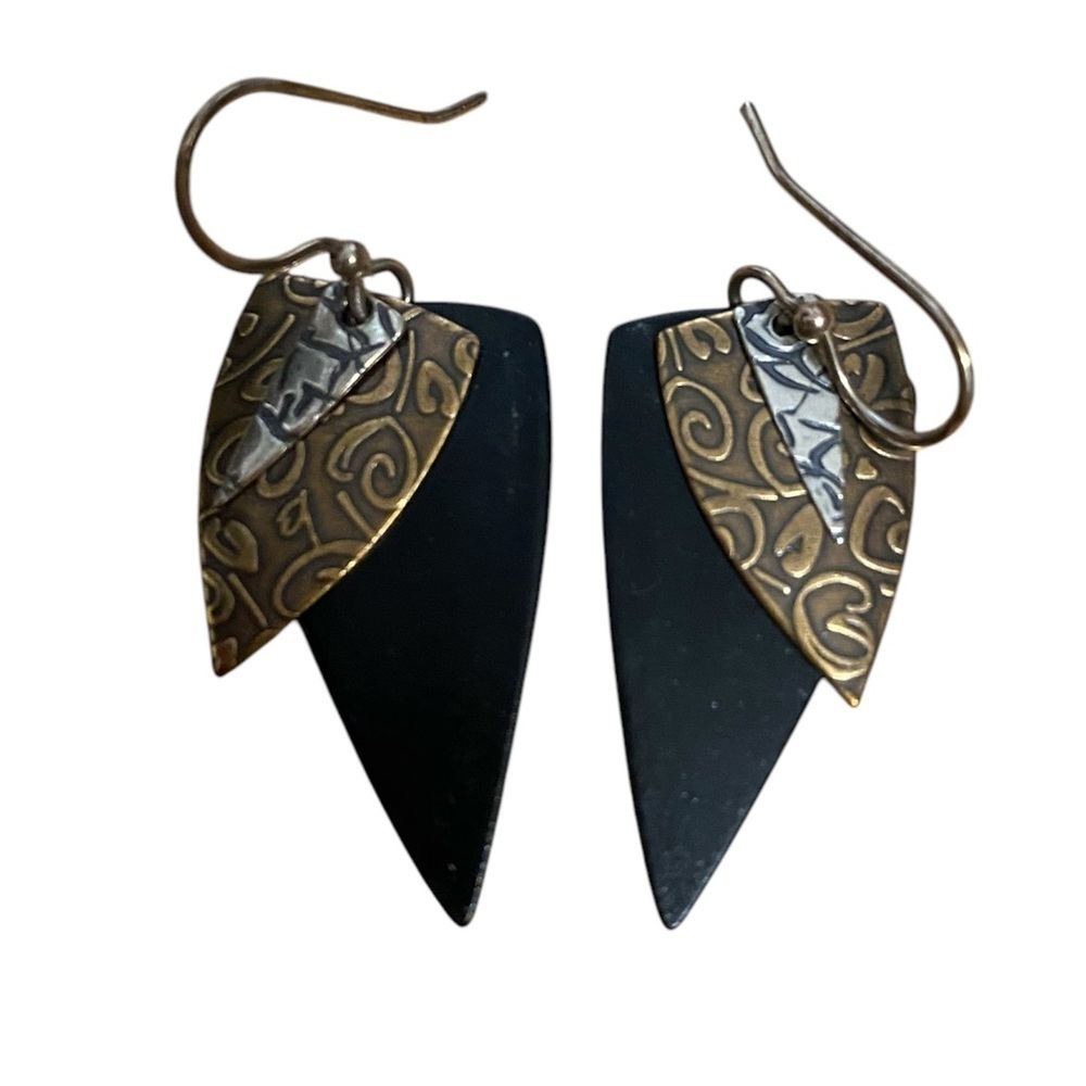 Artisan Hammered layered textured patinated earrings Gold Silver Dangle
